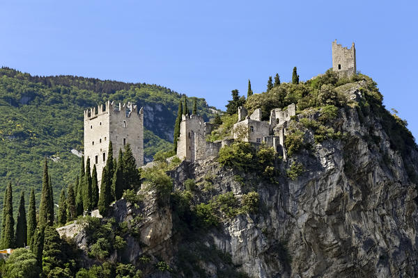 The castle of Arco is perched on a rocky hill. Trento province, Trentino Alto-Adige, Italy, Europe.