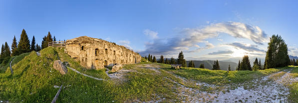 Sunset at Fort Sommo Alto, relic of the Great War, and on the mountains of Alpe Cimbra. Folgaria, Trento province, Trentino Alto-Adige, Italy, Europe.