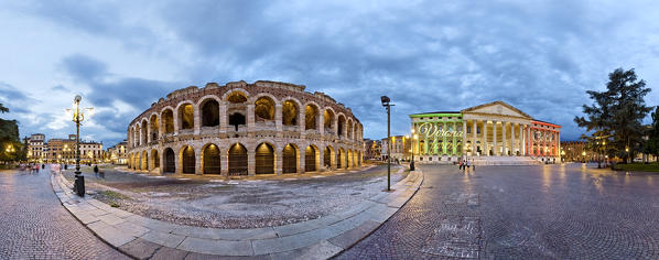 Verona: the Roman amphitheater of the Arena and Barbieri palace in Bra Square. Veneto, Italy, Europe.