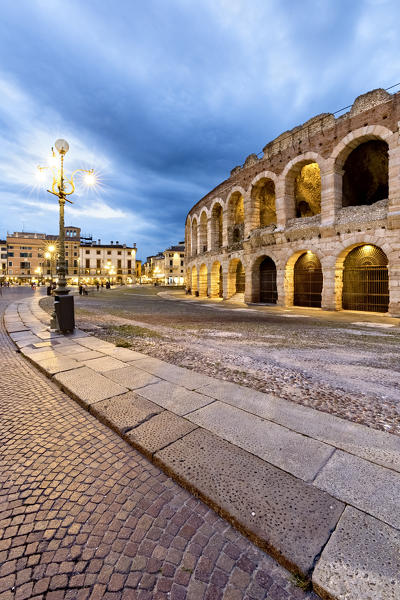 Verona: Bra Square and the Roman amphitheater of the Arena. Veneto, Italy, Europe.