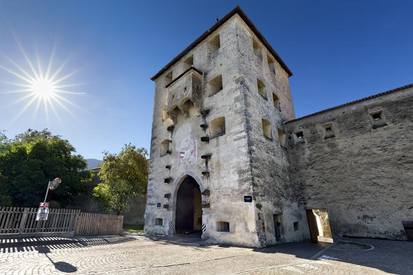 The medieval tower at the entrance of the town of Glorenza. Bolzano province, Trentino Alto-Adige, Italy, Europe.