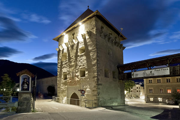 Glorenza: the medieval Tubre tower houses the exhibition dedicated to the artist Paul Flora. Bolzano province, Trentino Alto-Adige, Italy, Europe.
