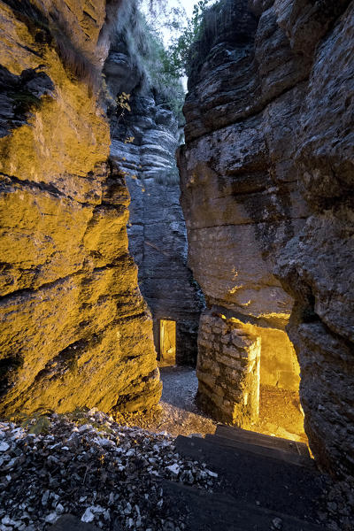 Dugouts of the Great War in the Wolf Ravine (Wolfsschlucht). Serrada, Folgaria, Alpe Cimbra, Trento province, Trentino Alto-Adige, Italy, Europe.