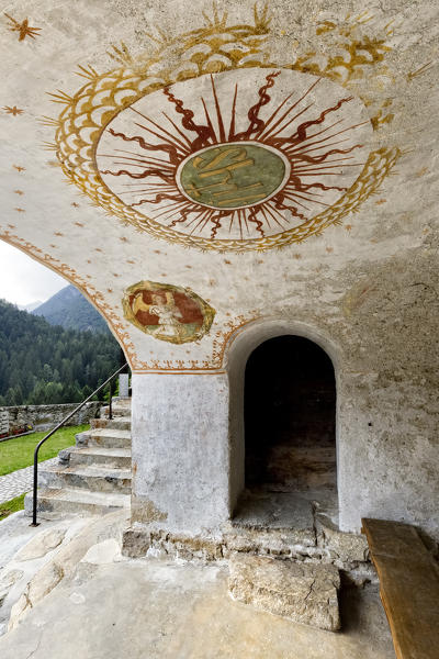 Vault of the medieval Santo Stefano church with the paintings of Simone II Baschenis. Carisolo, Rendena Valley, Trento province, Trentino Alto-Adige, Italy, Europe.