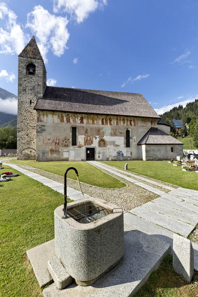 The church of San Vigilio in Pinzolo with the Macabre Dance fresco by the painter Simone II Baschenis. Rendena Valley, Trento province, Trentino Alto-Adige, Italy, Europe.