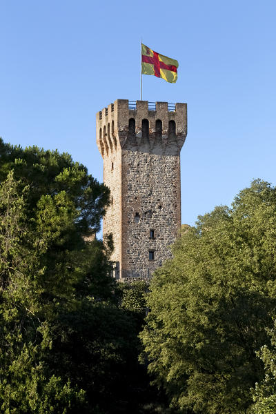 The flag flies over the keep of the Carrarese castle of Este. Padova province, Veneto, Italy, Europe.
