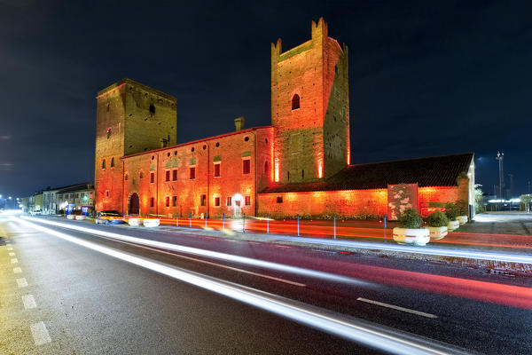 The Scaligero castle and the traffic trails in Salizzole. Verona province, Veneto, Italy, Europe.