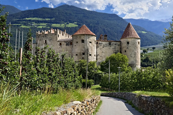 The bucolic landscape around the Castelbello castle in the Venosta valley. Castelbello-Ciardes, Bolzano province, Trentino Alto-Adige, Italy, Europe.