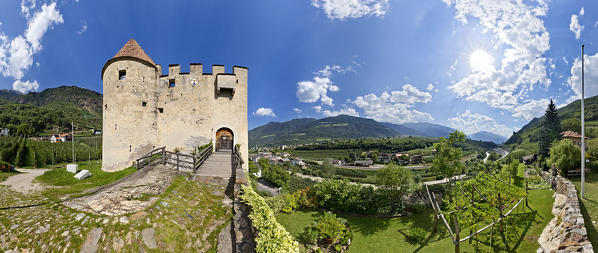 The Castelbello castle and the Venosta valley. Castelbello-Ciardes, Bolzano province, Trentino Alto-Adige, Italy, Europe.