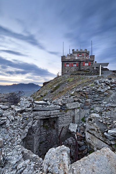 Concrete post of the Great War at the Rifugio Garibaldi. Stelvio pass, Sondrio province, Lombardy, Italy, Europe.