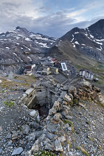 A concrete post from the Great War overlooks the Stelvio pass. Sondrio province, Lombardy, Italy, Europe. 