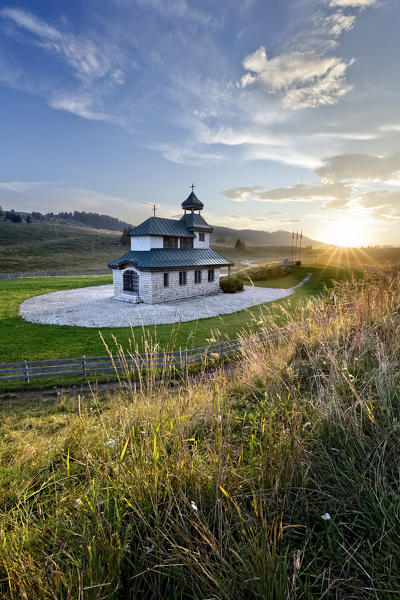 Sunset at the Santa Zita church. Vezzena Pass, Levico Terme, Trento province, Trentino Alto-Adige, Italy, Europe.