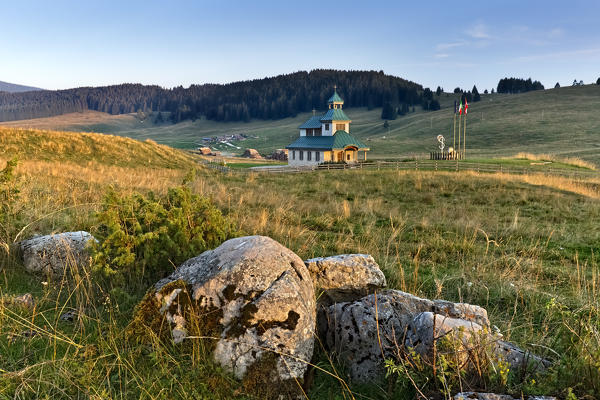 The Santa Zita church was originally built by Austro-Hungarian soldiers in 1917 and demolished a few decades later. Between 2007 and 2008 it was rebuilt in the same place. Vezzena Pass, Trento province, Trentino Alto-Adige, Italy, Europe.