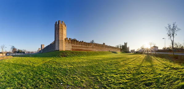 Sunset on the fortified medieval town of Montagnana. Padova province, Veneto, Italy, Europe.