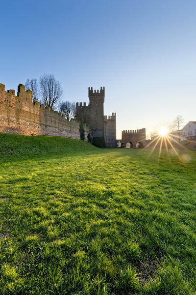 Sunset on the medieval Rocca degli Alberi of Montagnana. Padova province, Veneto, Italy, Europe.