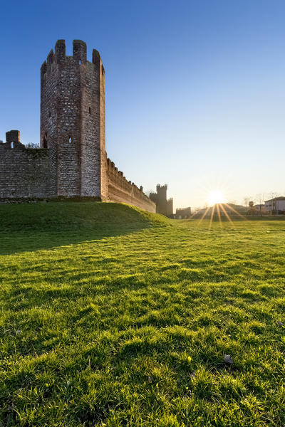 Sunset on the medieval walls of Montagnana. Padova province, Veneto, Italy, Europe.