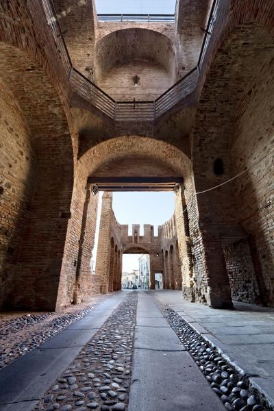 The medieval entrance portal of the Rocca degli Alberi in Montagnana. Padova province, Veneto, Italy, Europe.