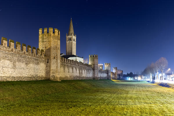 The medieval walls of Montagnana in the night. Padova province, Veneto, Italy, Europe.