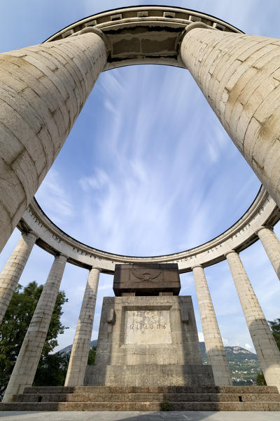 Mausoleum of Cesare Battisti in Trento: the altar is surrounded by columns ten meters high. Doss Trento, Trentino Alto-Adige, Italy, Europe.