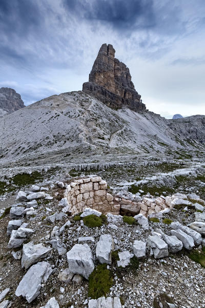 The Torre di Toblin and the vestiges of the Great War. Sesto Dolomites, Bolzano province, Trentino Alto-Adige, Italy, Europe.