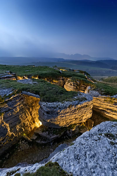 The Italian stronghold of the Great War at Malga Pidocchio was excavated among the rocky conformations of Lessinia. Erbezzo, Verona province, Veneto, Italy, Europe.