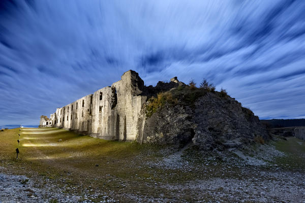 Austro-Hungarian Fort Cherle (Werk San Sebatiano) on a full moon night. Folgaria, Cimbra Alp, Trento province, Trentino Alto-Adige, Italy, Europe.