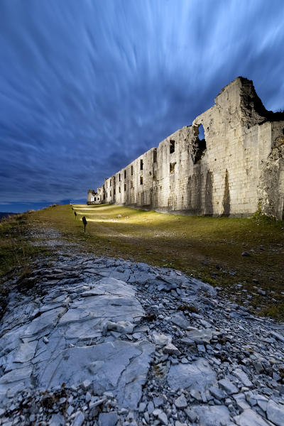 Austro-Hungarian Fort Cherle (Werk San Sebatiano) on a ghostly night. Folgaria, Cimbra Alp, Trento province, Trentino Alto-Adige, Italy, Europe.