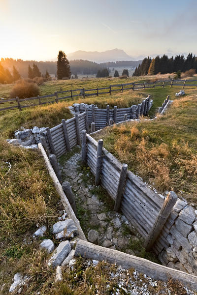 Austro-Hungarian trenches in Millegrobbe: historical-didactic site of the Great War. Lavarone, Cimbra Alp, Trento province, Trentino Alto-Adige, Italy, Europe.