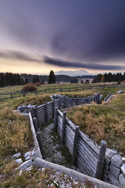 Austro-Hungarian trenches in Millegrobbe: didactic site of the Great War. Lavarone, Cimbra Alp, Trento province, Trentino Alto-Adige, Italy, Europe.