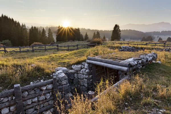 Sunset at the Austro-Hungarian trenches in Millegrobbe. Lavarone, Cimbra Alp, Trento province, Trentino Alto-Adige, Italy, Europe.