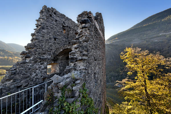 Ruins of a tower of the medieval castle of Segonzano. Cembra valley, Trento province, Trentino Alto-Adige, Italy, Europe.