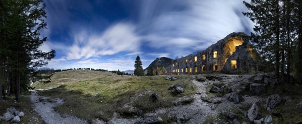 Fort Verle and the meadows of Vezzena on a full moon night. Levico Terme, Trento province, Trentino Alto-Adige, Italy, Europe.