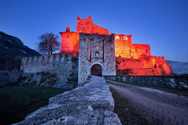 Spooky night at the Noarna castle. In the 17th century it was the scene of a famous witch trial. Nogaredo, Trento province, Trentino Alto-Adige, Italy, Europe.