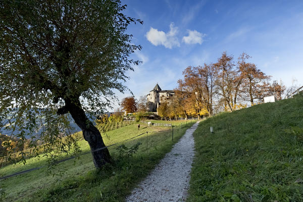 The path to the Presule castle on the Sciliar plateau. Fiè allo Sciliar, Bolzano province, Trentino Alto-Adige, Italy, Europe.