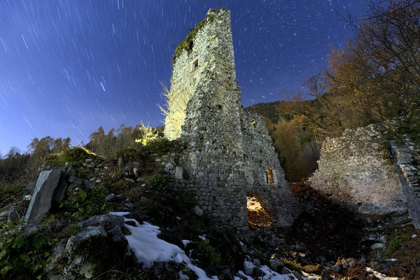 Night on the keep of the Castellalto castle. Telve, Valsugana, Trento province, Trentino Alto-Adige, Italy, Europe.