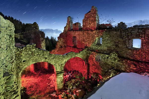 Spooky ruins of the Castellalto castle. Telve, Valsugana, Trento province, Trentino Alto-Adige, Italy, Europe.