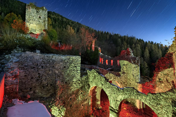 Ghostly ruins of the Castellalto castle. Telve, Valsugana, Trento province, Trentino Alto-Adige, Italy, Europe.