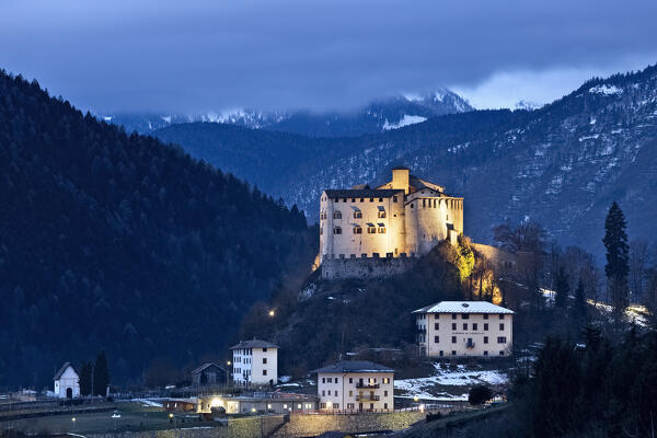 Stenico in the Giudicarie: the medieval castle and the village. Trento province, Trentino Alto-Adige, Italy, Europe.