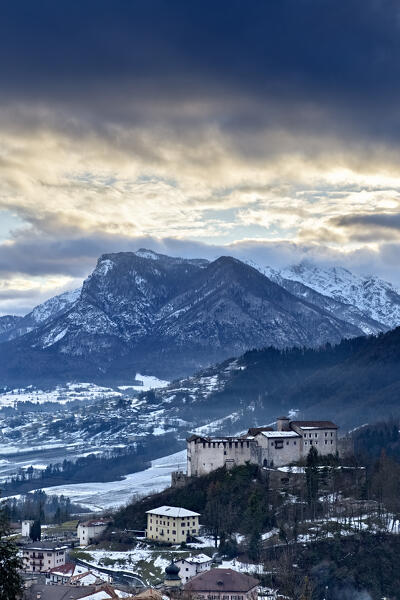 Winter at the medieval castle of Stenico and in the Lomaso area. Giudicarie, Trento province, Trentino Alto-Adige, Italy, Europe.