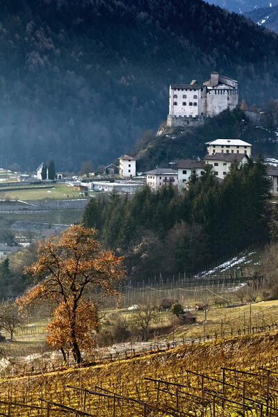 The castle of Stenico and the rural area below. Giudicarie, Trento province, Trentino Alto-Adige, Italy, Europe.