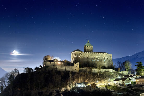 Moonlit night at Ivano castle. Castel Ivano, Valsugana, Trento province, Trentino Alto-Adige, Italy, Europe. 