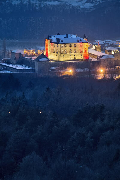 Thun Castle was the main residence of the famous Thun family. In the foreground the woods of the Rinassico valley. Vigo di Ton, Non Valley, Trento province, Trentino Alto-Adige, Italy, Europe.