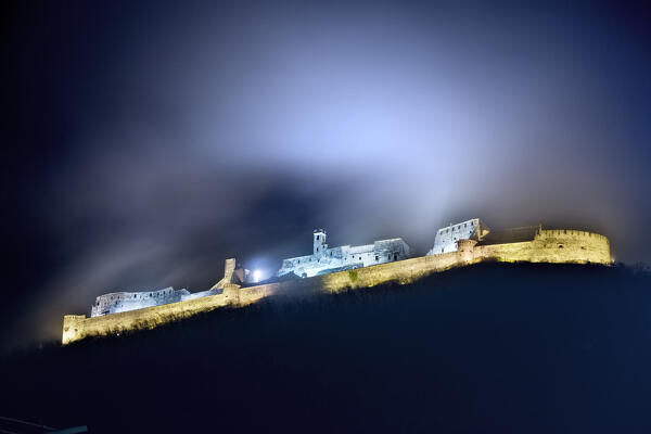 Stormy night at the Beseno castle. Besenello, Trento province, Trentino Alto-Adige, Italy, Europe. 