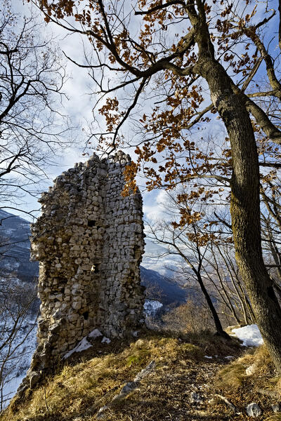 Ruins of the ancient medieval site of Saiori Castle. Brentonico, Trento province, Trentino Alto-Adige, Italy, Europe.