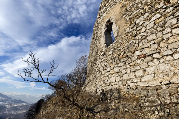 Wall of the ancient medieval site of Saiori Castle. Brentonico, Trento province, Trentino Alto-Adige, Italy, Europe.