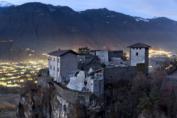 San Giovanni Castle: twilight over the fortress of the Lodron dynasty.  Bondone, Giudicarie, Trento province, Trentino Alto-Adige, Italy, Europe. 