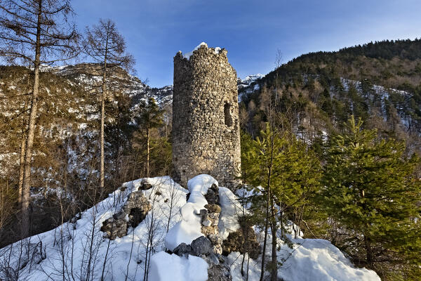 The ruins of the cylindrical tower of San Pietro Castle rise in an isolated and wild place of the Rinassico Valley. Ton, Trento province, Trentino Alto-Adige, Italy, Europe.