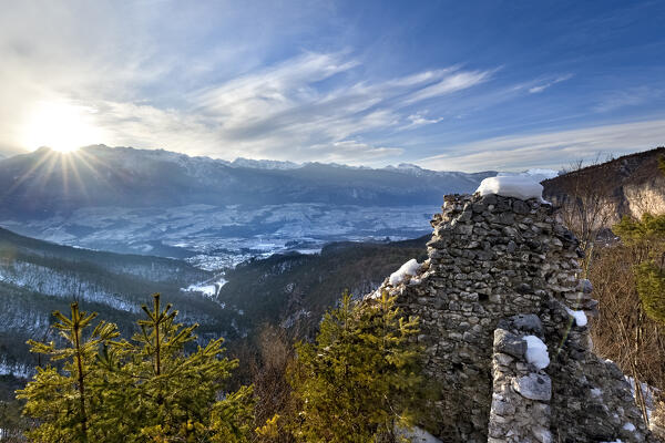 The ruins of San Pietro Castle and the sunset over Non Valley. Ton, Trento province, Trentino Alto-Adige, Italy, Europe.