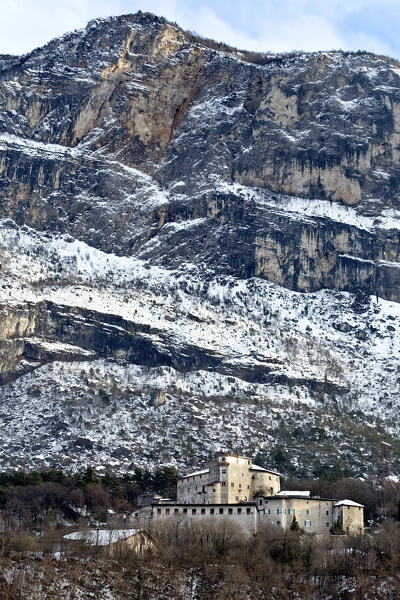 Pietra Castle was built in the Middle Ages on a boulder of a landslide of Mount Cengio Rosso. Calliano, Trento province, Trentino Alto-Adige, Italy, Europe.