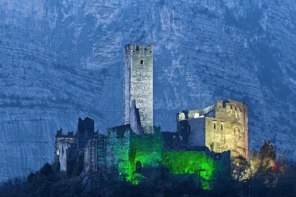 Drena castle is a ruin that stands on a hill and has retained the mystique of a medieval mountain fortress. Drena, Laghi Valley, Trento province, Trentino Alto-Adige, Italy, Europe.